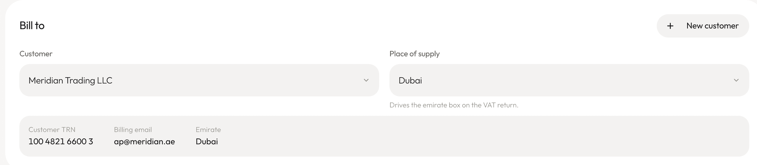 The customer panel of a new tax invoice, showing customer TRN, billing email, emirate and place of supply.